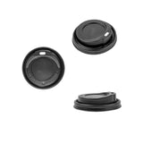 Coperchio nero, tondo, visto da tre prospettive, per bevanda da asporto
