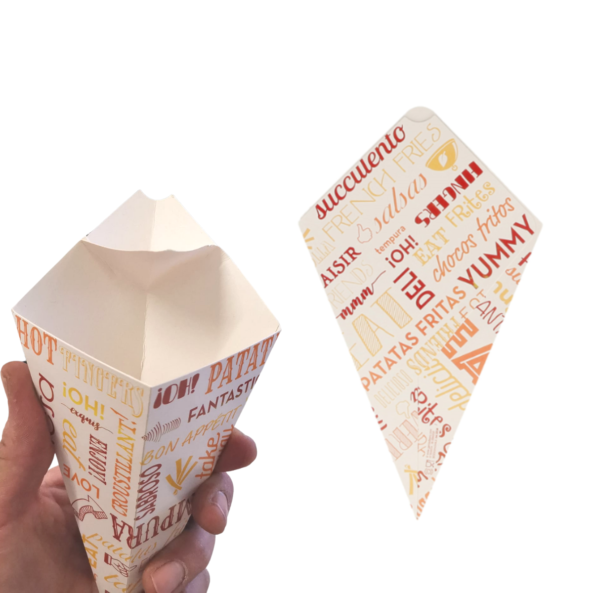 Cono per fritto stampa parole uno steso ed uno aperto in mano
