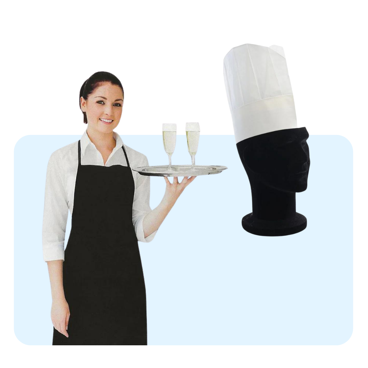 Banner sfondo azzurro con abbigliamento monouso, grembiule e cappello cuoco