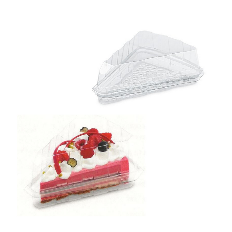 Confezione triangolare per fetta di torta, di plastica, trasparente, mostrata piena e vuota