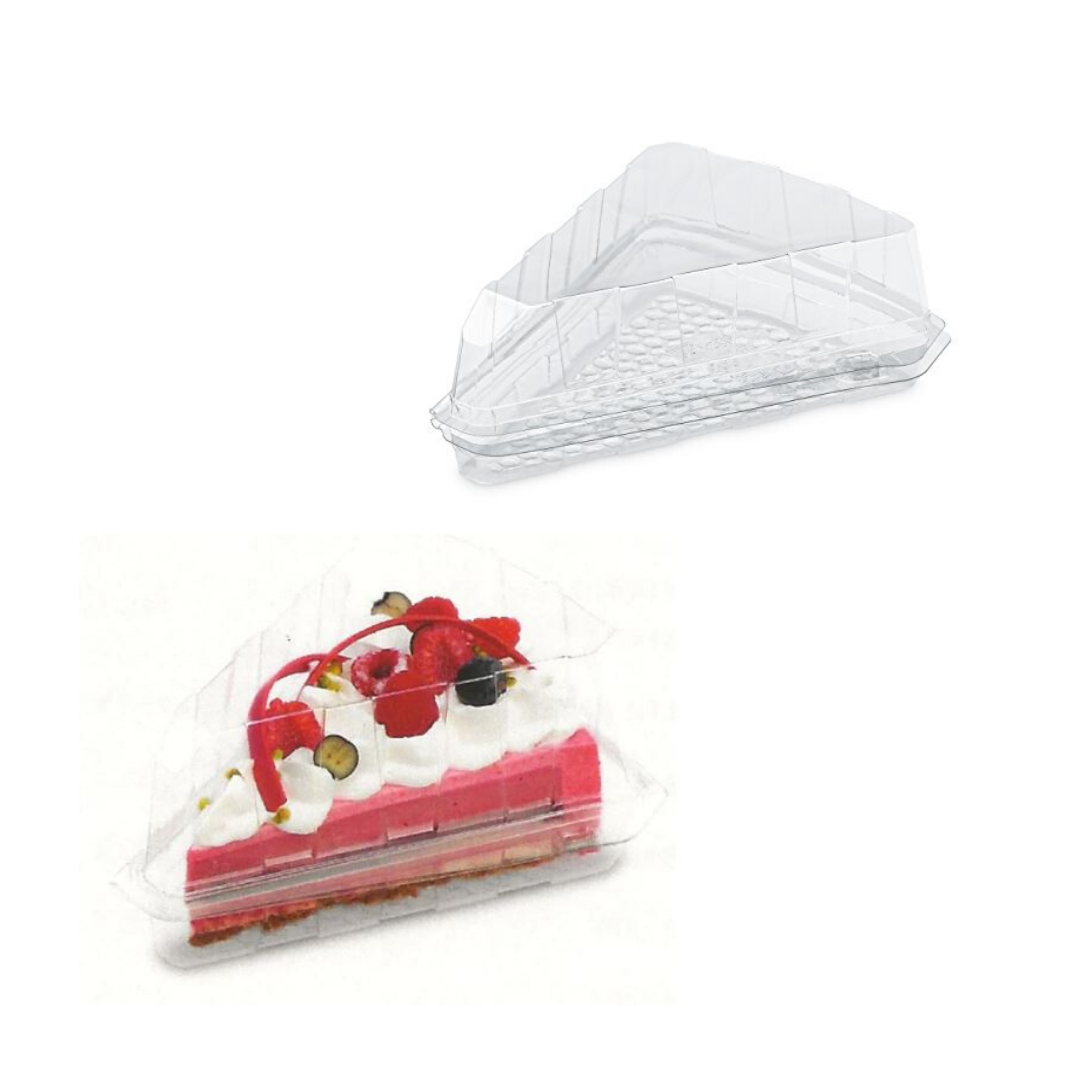 Confezione triangolare per fetta di torta, di plastica, trasparente, mostrata piena e vuota