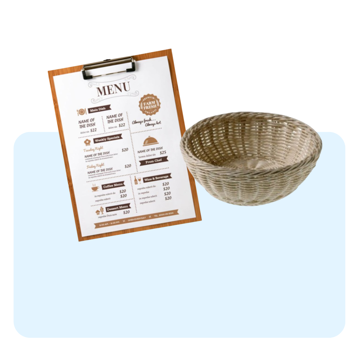 Banner con sfondo azzurro con: cesto di vimini per il pane e menù