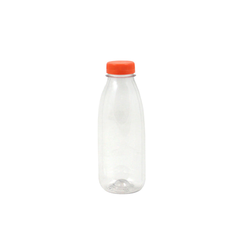 Bottiglia di plastica trasparente con tappo arancione