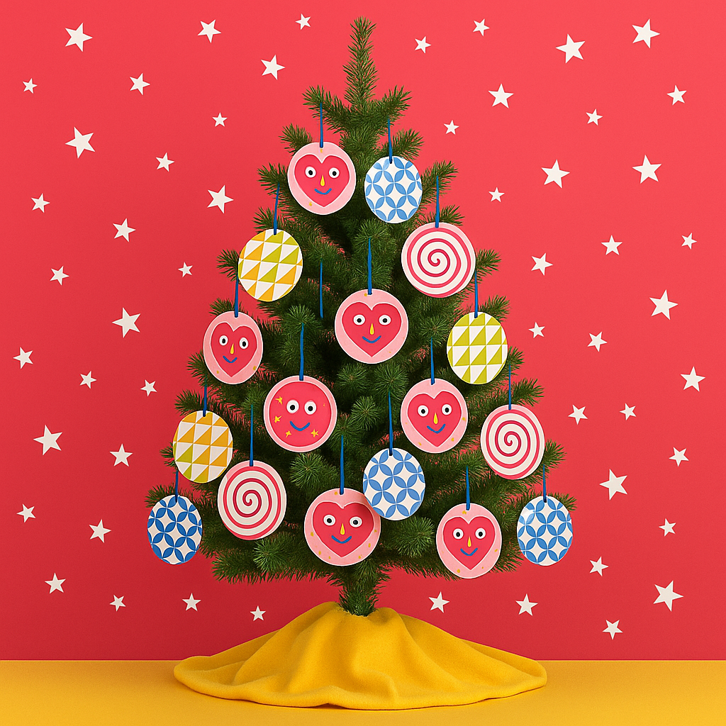 Palle di natale in cartoncino con fantasie personalizzate imballaggi360 su un albero di natale