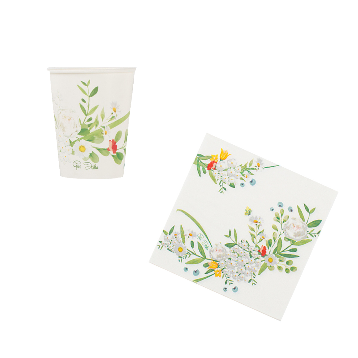 Set di bicchiere e tovagliolo di carta bianchi con fantasia floreale 