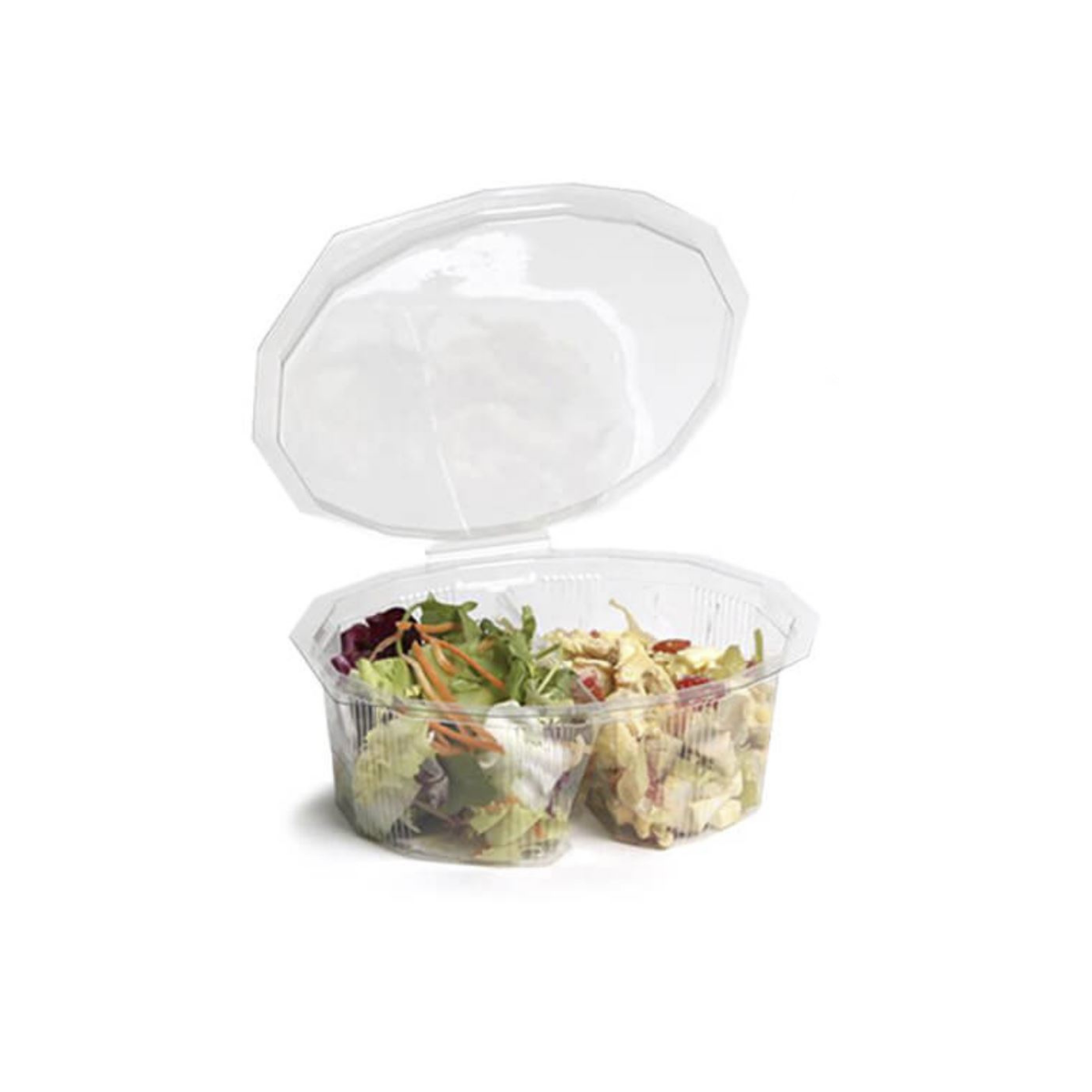 Vaschetta di plastica trasparente con coperchio attaccato piena di insalata e carne, due scomparti 