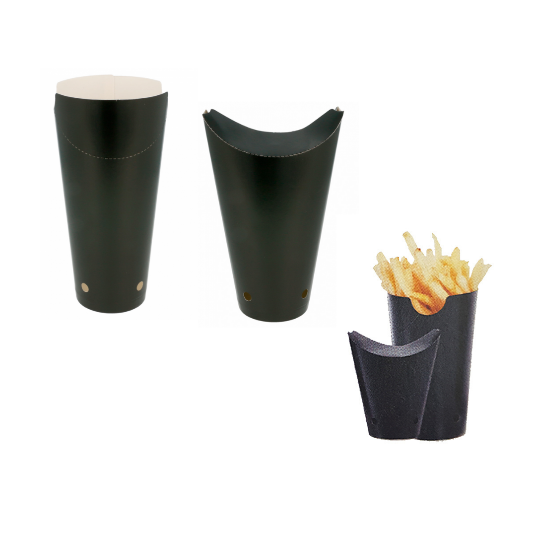 Contenitore per fritti d'asporto, nero mostrato chiuso, aperto e con patatine fritte dentro 