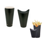 Contenitore per fritti d'asporto, nero mostrato chiuso, aperto e con patatine fritte dentro 