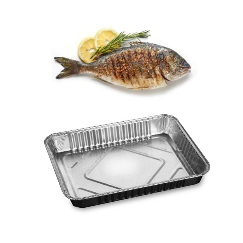 Vaschetta di alluminio e pesce alla griglia 