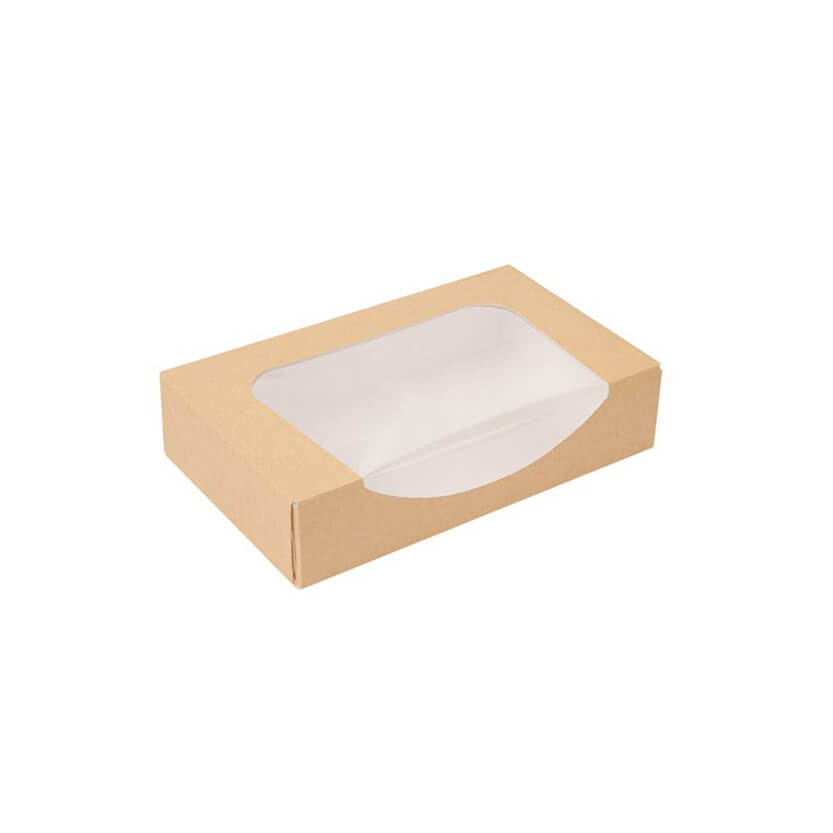 Scatola per cibo da asporto in cartoncino color avana e finestra 