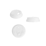 Coperchio bianco di plastica con beccuccio per bicchiere d'asporto , mostrato da tre diverse posizioni 