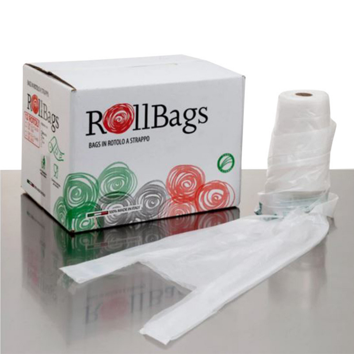 Bags in rotolo a strappo mostrate nella loro confezione e fuori 