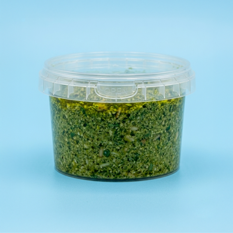 Barattolo a chiusura ermetica tondo, trasparente, pieno di pesto 