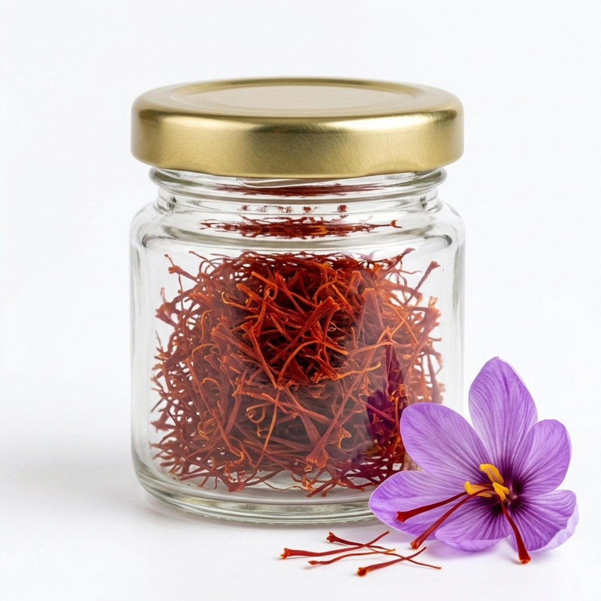 Barattolo di vetro cin dentro pistilli di zafferano e fuori un fiore di zafferano