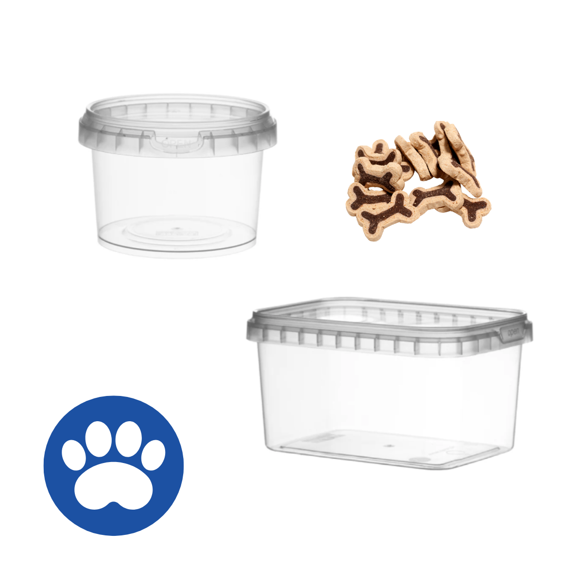 Barattolo per per food, chiuso e vuoto, con croccantini di cane sopra e simbolo dell'orma del cane in un cerchio blu. Uno rettangolare ed uno tondo