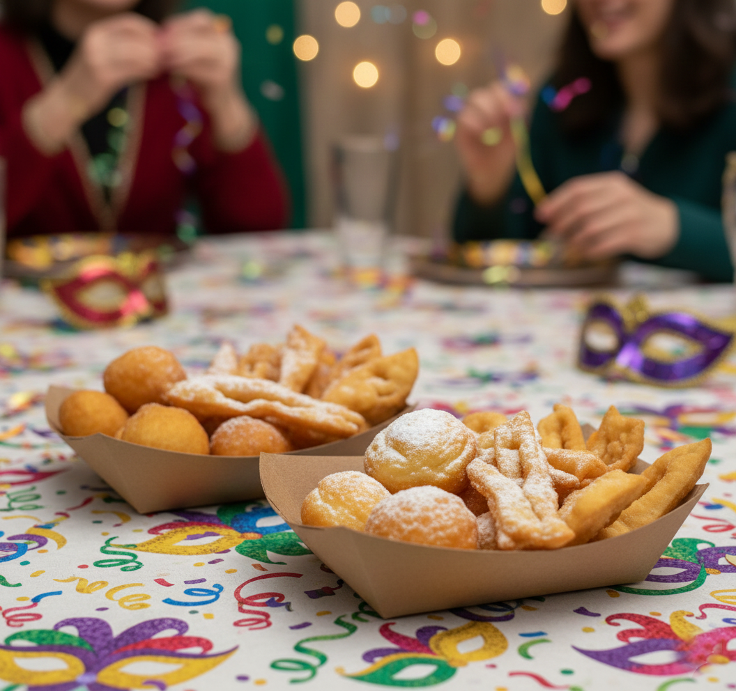 Barchette di cartoncino color avana piene di dolci fritti su tavola carnevalesca 