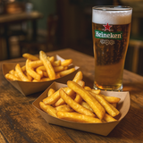 Barchette in cartoncino color avana, su tavolino di legno, piene di patatine fritte, vicino ad una birra