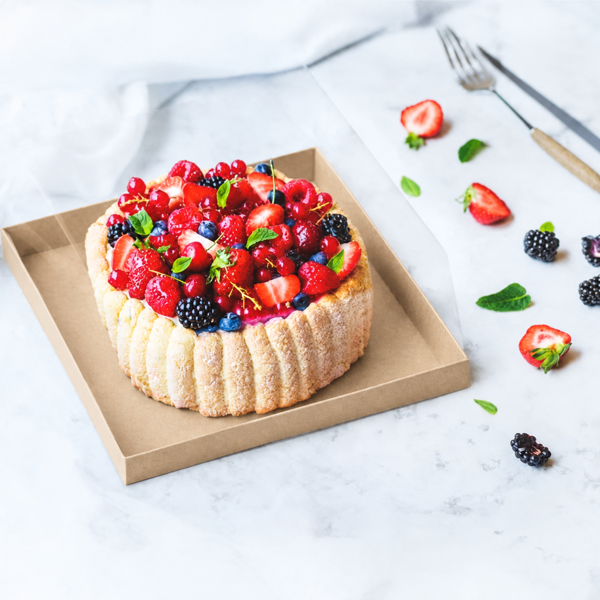 Torta mostrata in un porta torte quadrato color avana con coperchio trasparente