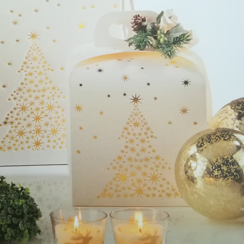 Scatola per panettone, bianca con albero di Natale stilizzato color oro 
