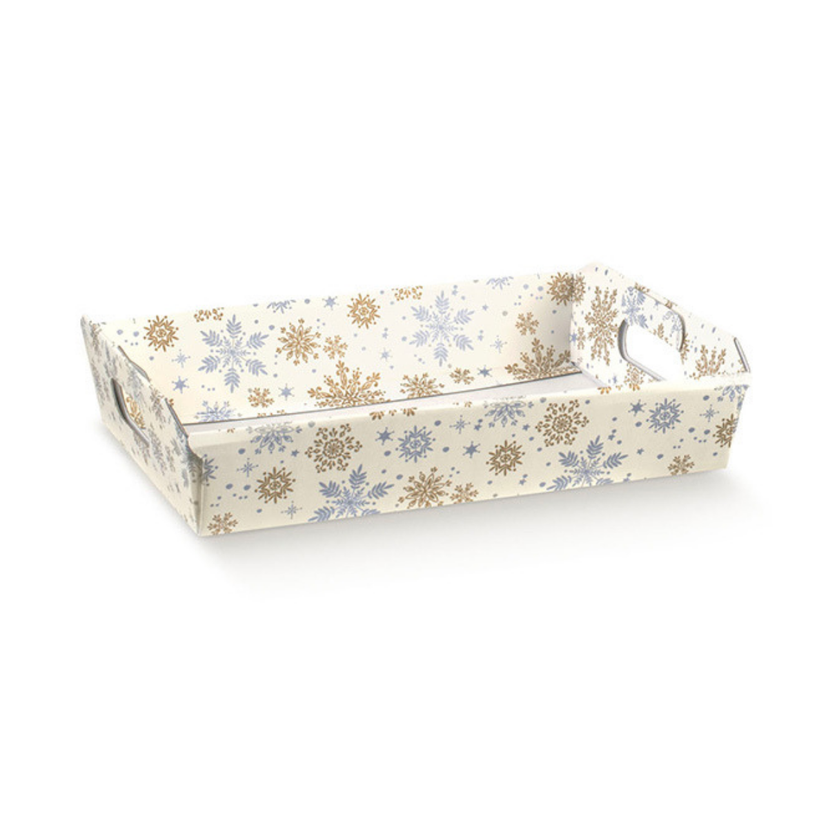 Cesto in cartone bianco rettangolare con fantasia fiocchi di neve oro ed argento 