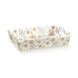 Cesto in cartone bianco rettangolare con fantasia fiocchi di neve oro ed argento 