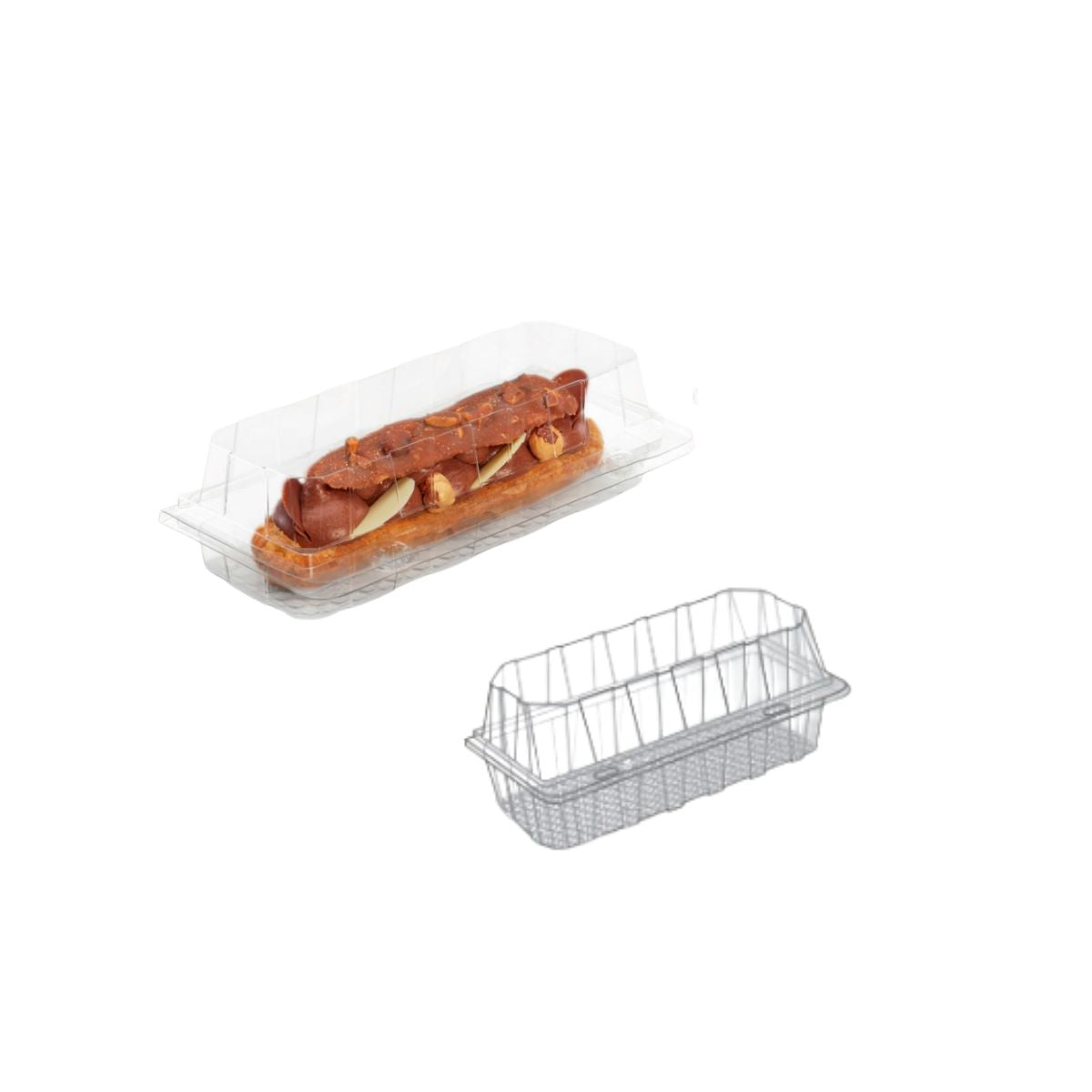 Confezione di plastica rettangolare trasparente mostrata chiusa con dentro dolce e suo disegno 