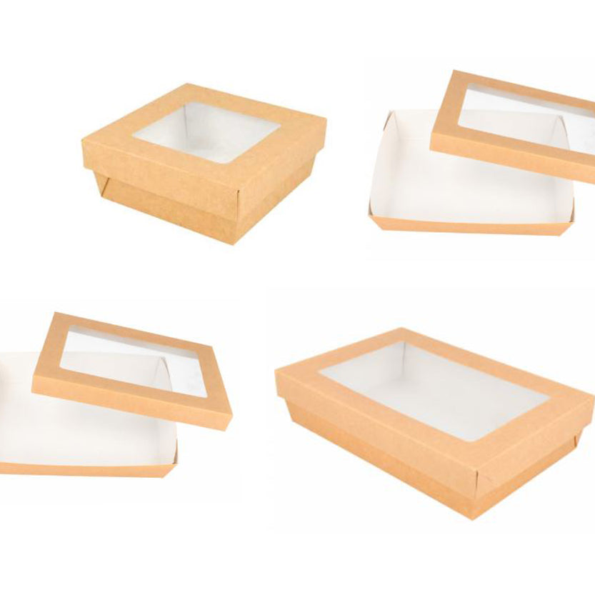 Scatola bassa per cibi da asporto, di cartone color vana con coperchio con finestra 