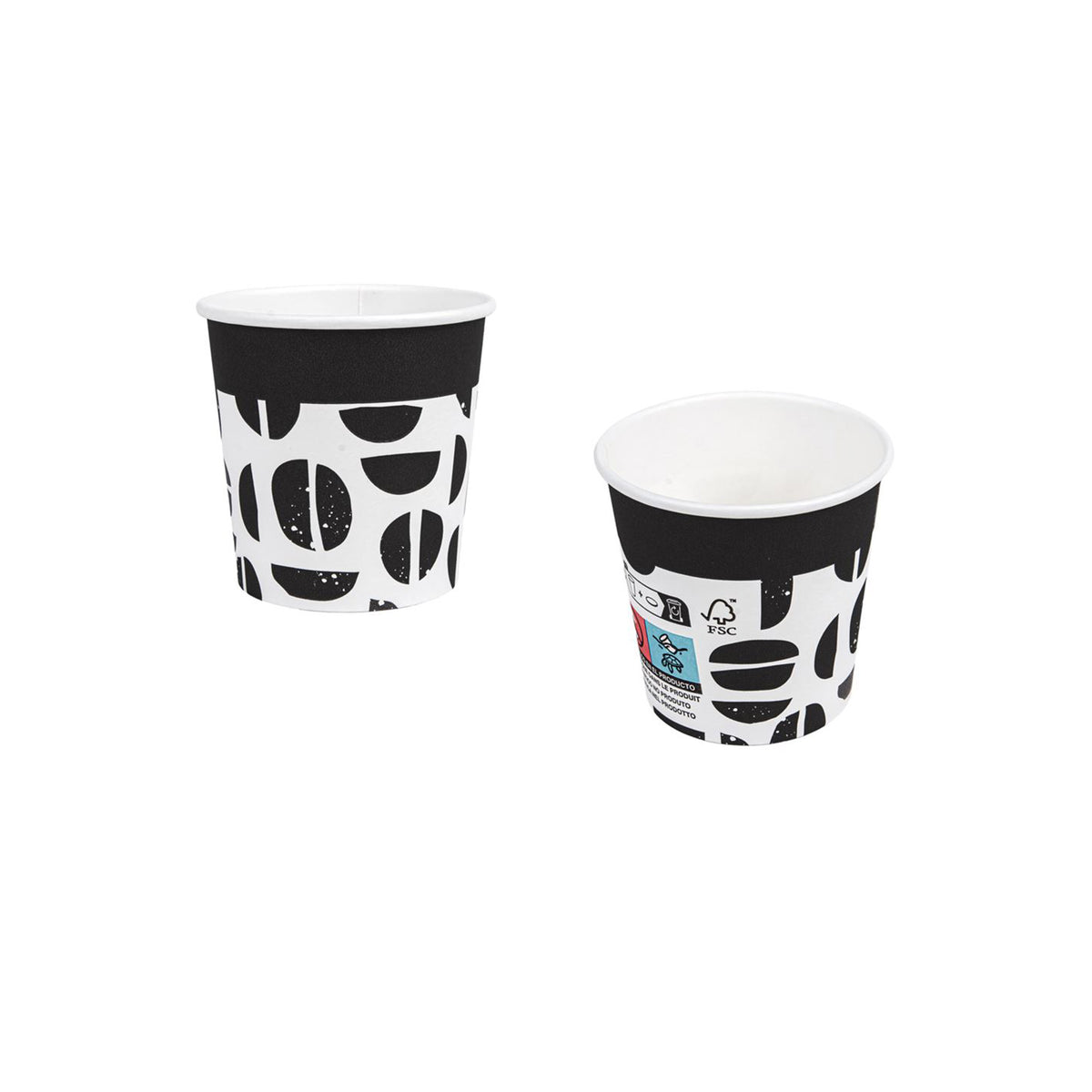 Bicchiere per caffe, nero con stilizzazione chicchi di caffe mostrato fronte e retro