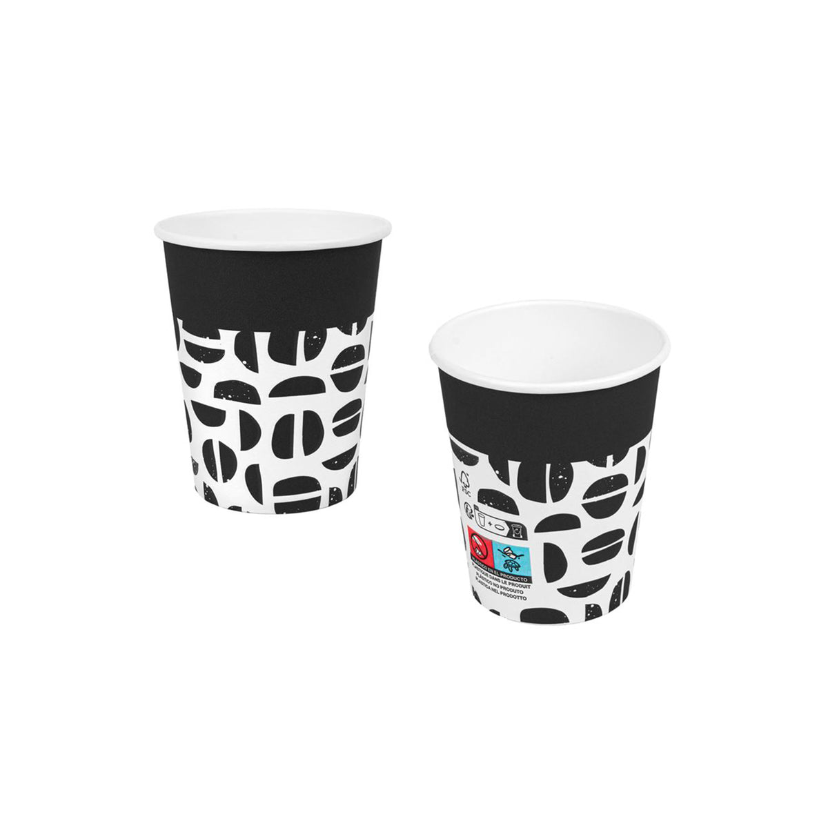 Bicchiere per caffe, nero con stilizzazione chicchi di caffe mostrato fronte e retro