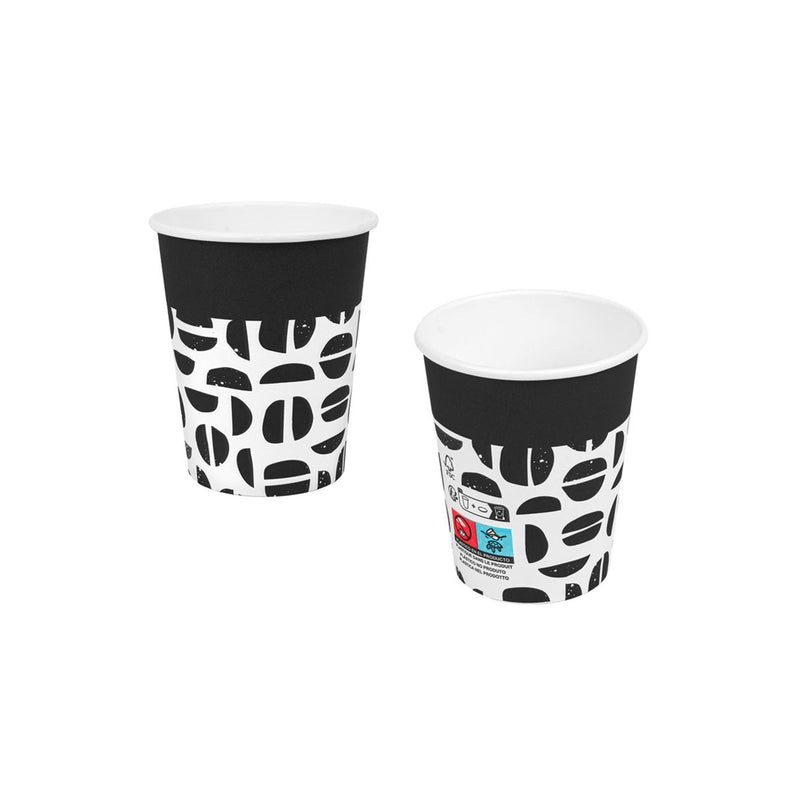 Bicchiere per caffe, nero con stilizzazione chicchi di caffe mostrato fronte e retro