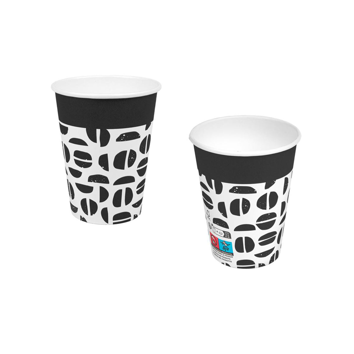 Bicchiere per caffe, nero con stilizzazione chicchi di caffe mostrato fronte e retro