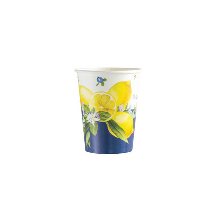 Bicchiere di carta monouso bianco con limoni 