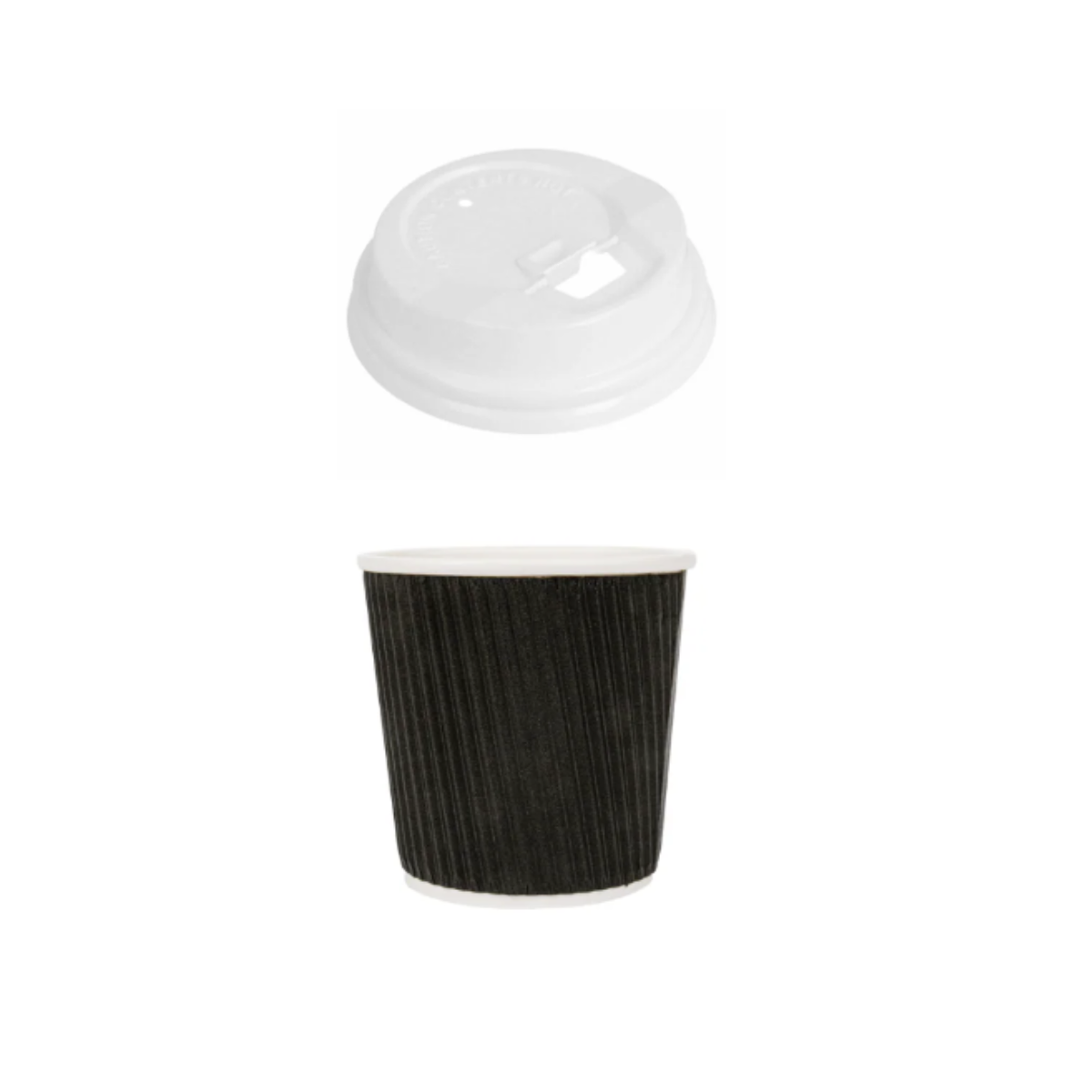 Bicchiere di carta nero per caffe con coperchio bianco mostrato staccato 