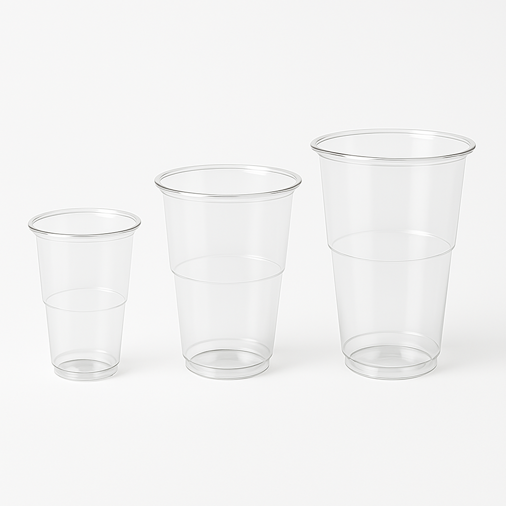 Bicchieri in plastica, trasparenti, monouso, in varie dimensioni, su sfondo bianco