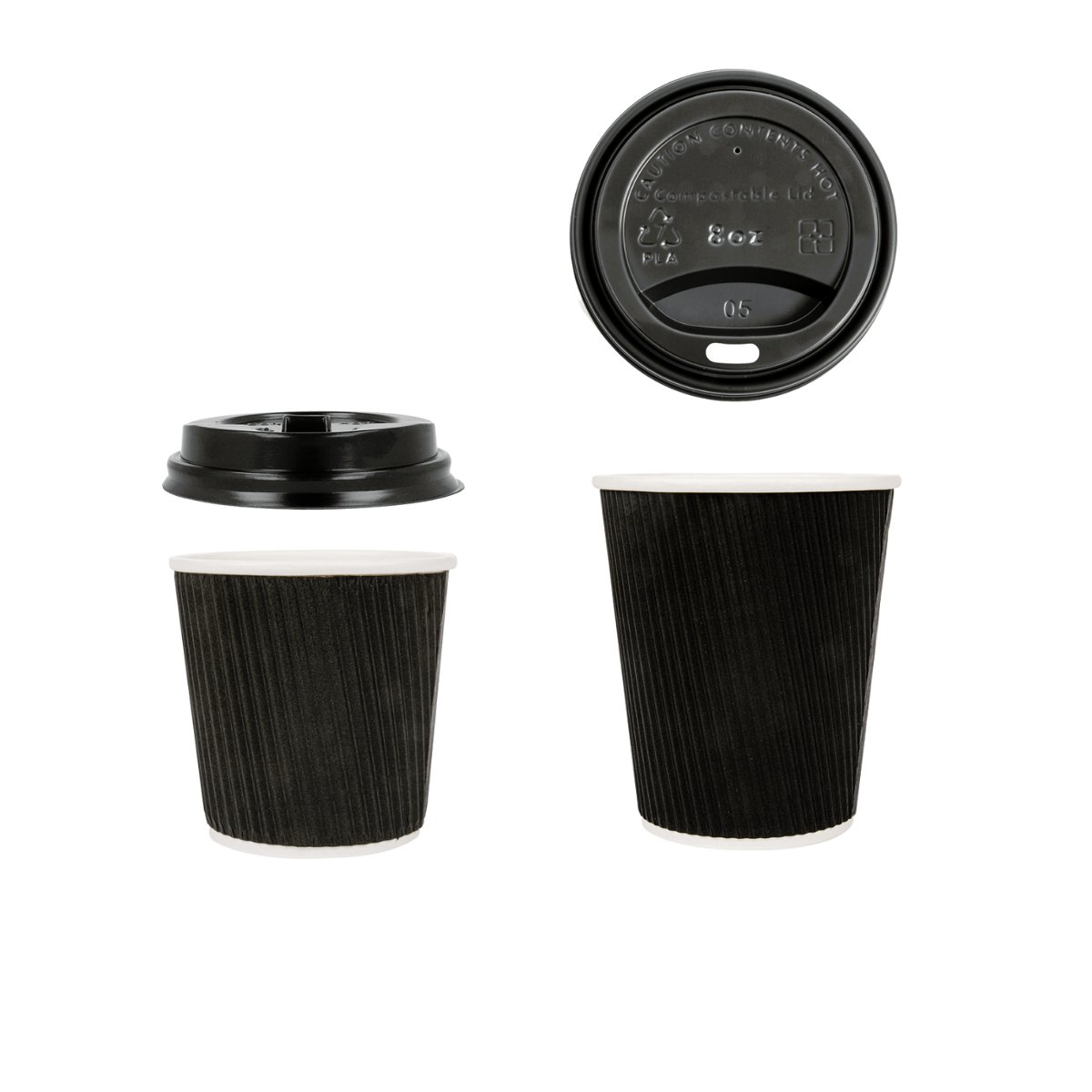 Bicchieri di carta neri da asporto con loro tappo di plastica con beccuccio 