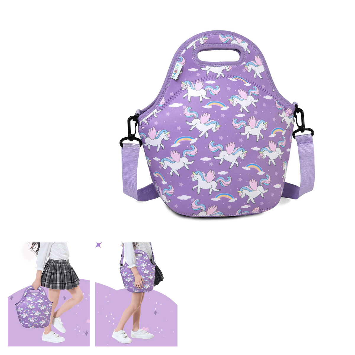 Borsa termica per bambina modello bellissimo lilla con stampa texture unicorni