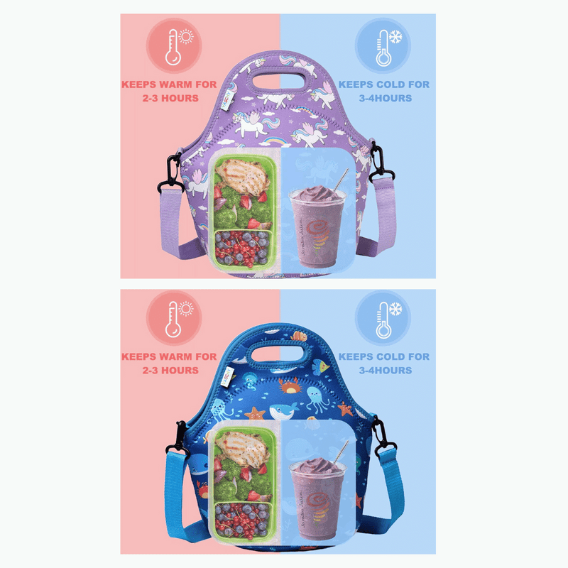 Borsa termica per bambini con tracolla modelli lilla con stampa texture unicorni e blu con stampa pesciolini 