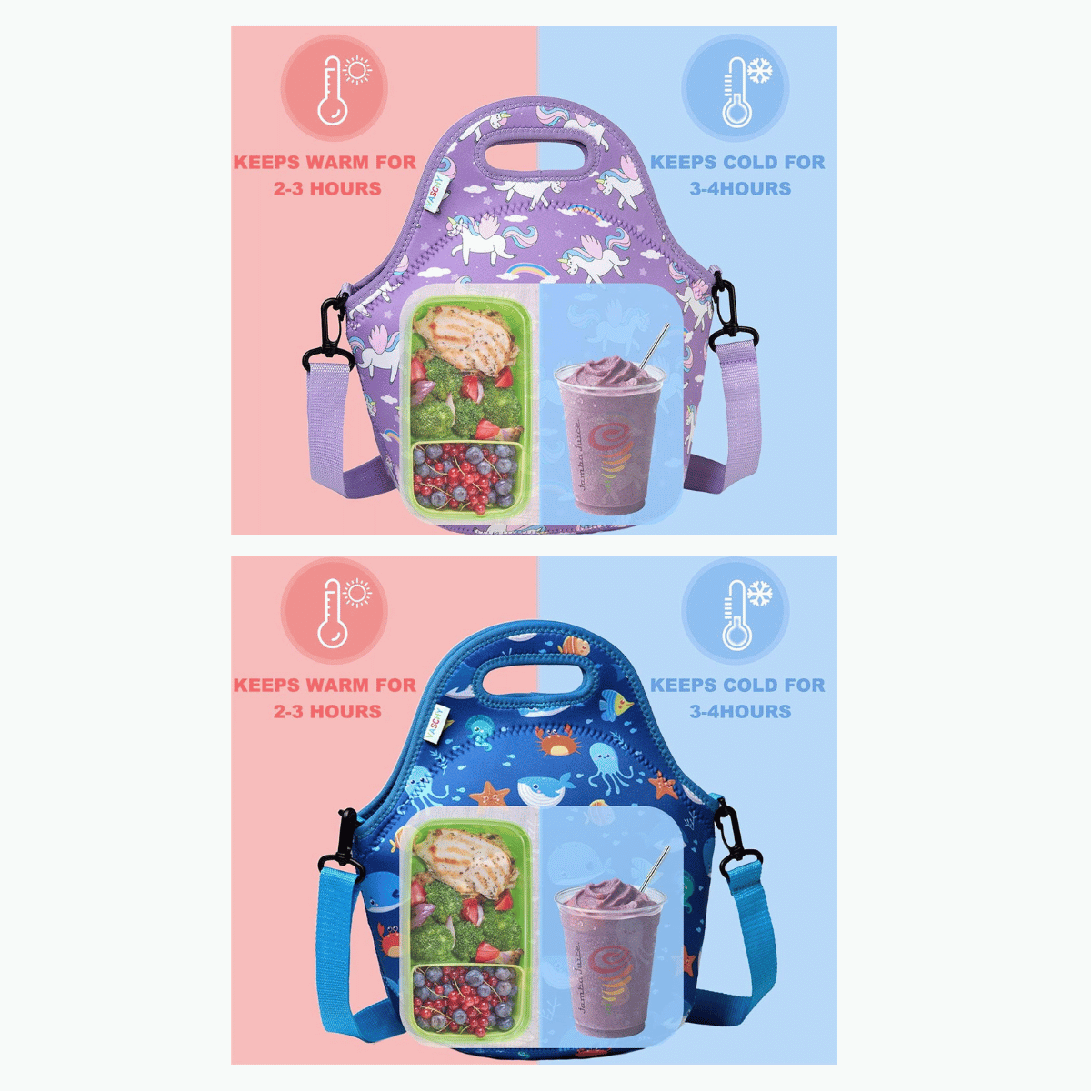 Borsa termica per bambini con tracolla modelli lilla con stampa texture unicorni e blu con stampa pesciolini 