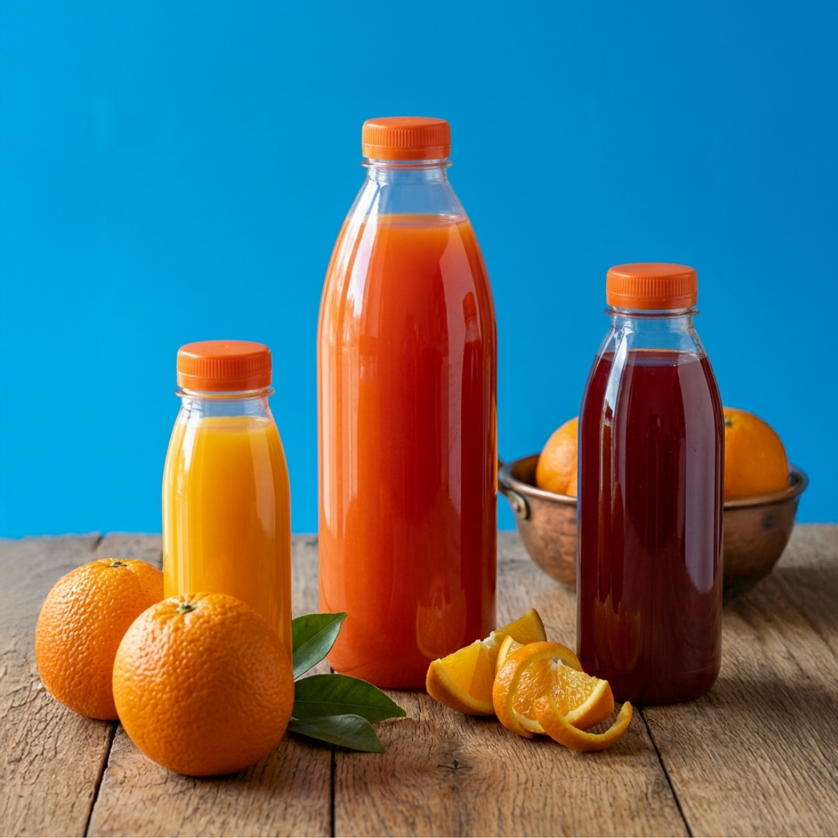 Bottigliette di succo con tappo arancione, piene di succo, tre diverse misure 