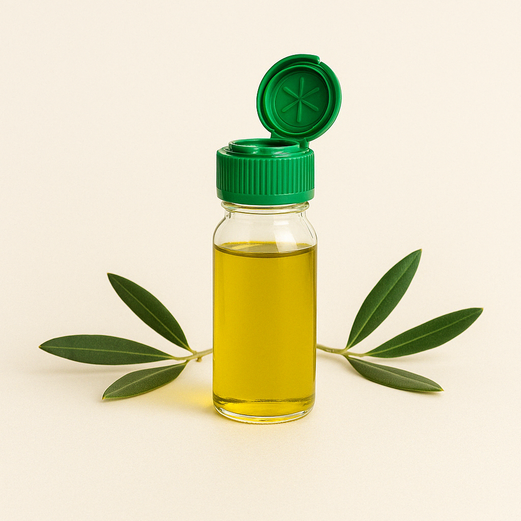 Bottiglietta in vetro per olio, tappo verde, ripiena di olio, con 4 foglie di ulivo 