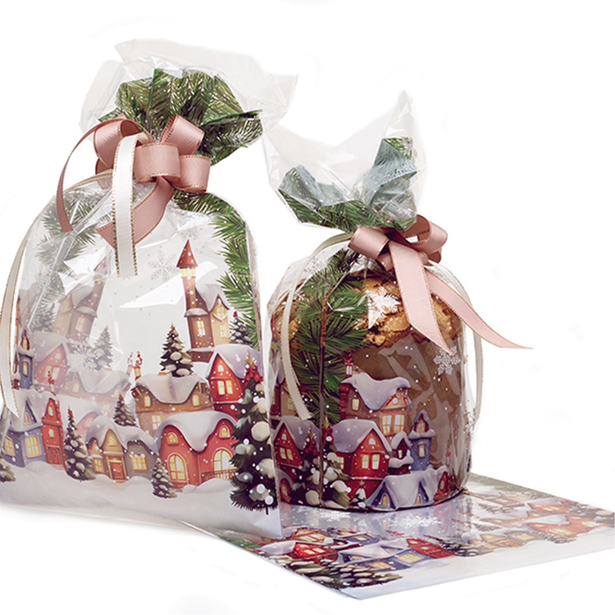 Buste trasparenti per panettone e pandoro, mostrate piena e una stesa 