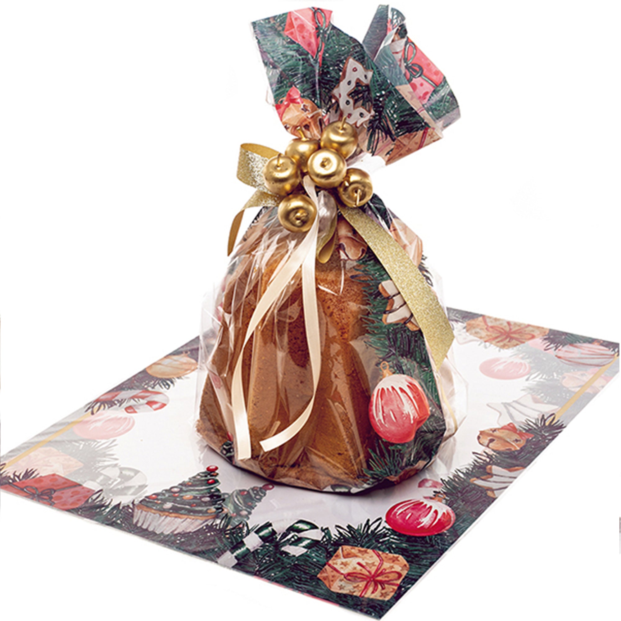Busta trasparente per panettone e pandoro, mostrata piena e stesa 