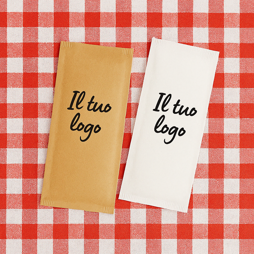 Buste porta posate personalizzate con il tuo logo. Una color avana, una bianca, su tovaglia a quadretti bianco e rossi