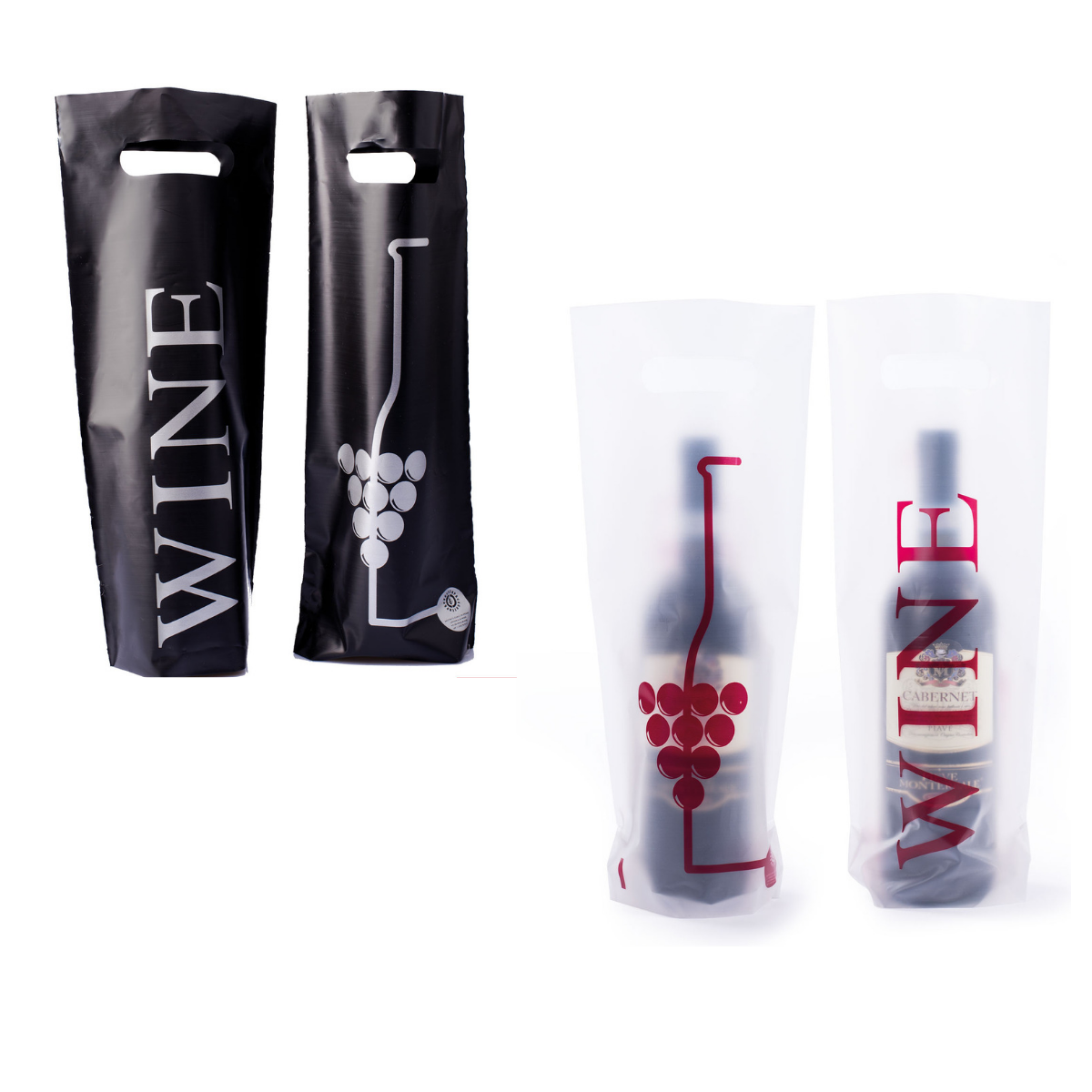 Buste di plastica nere e opache con vari disegni, per bottiglia di vino 