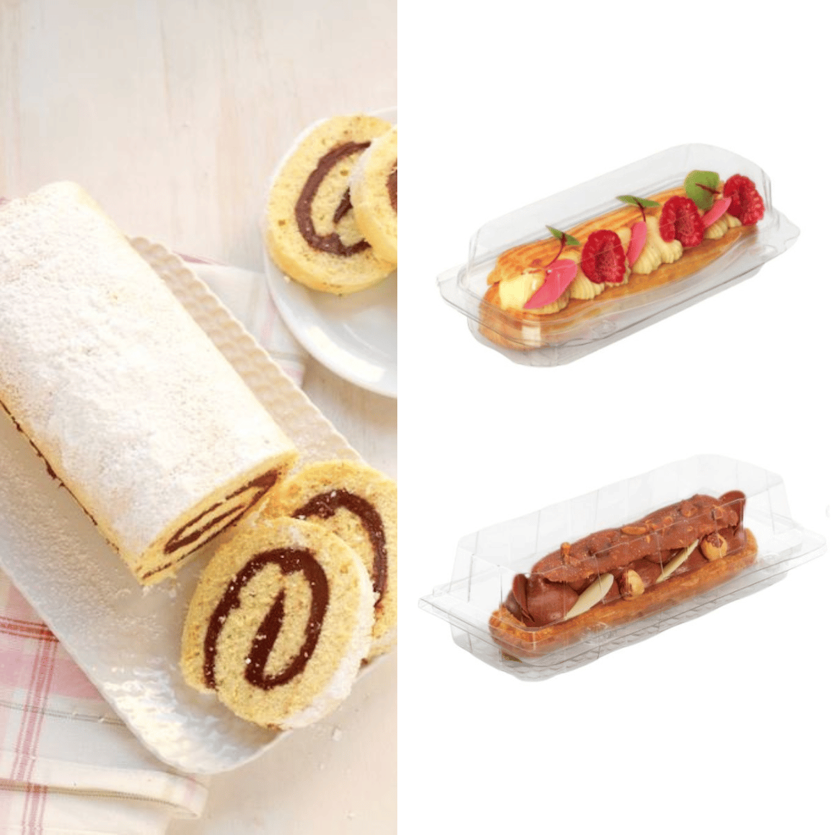 Confezioni trasparenti di plastica per dolci e rotolo su vassoio bianco