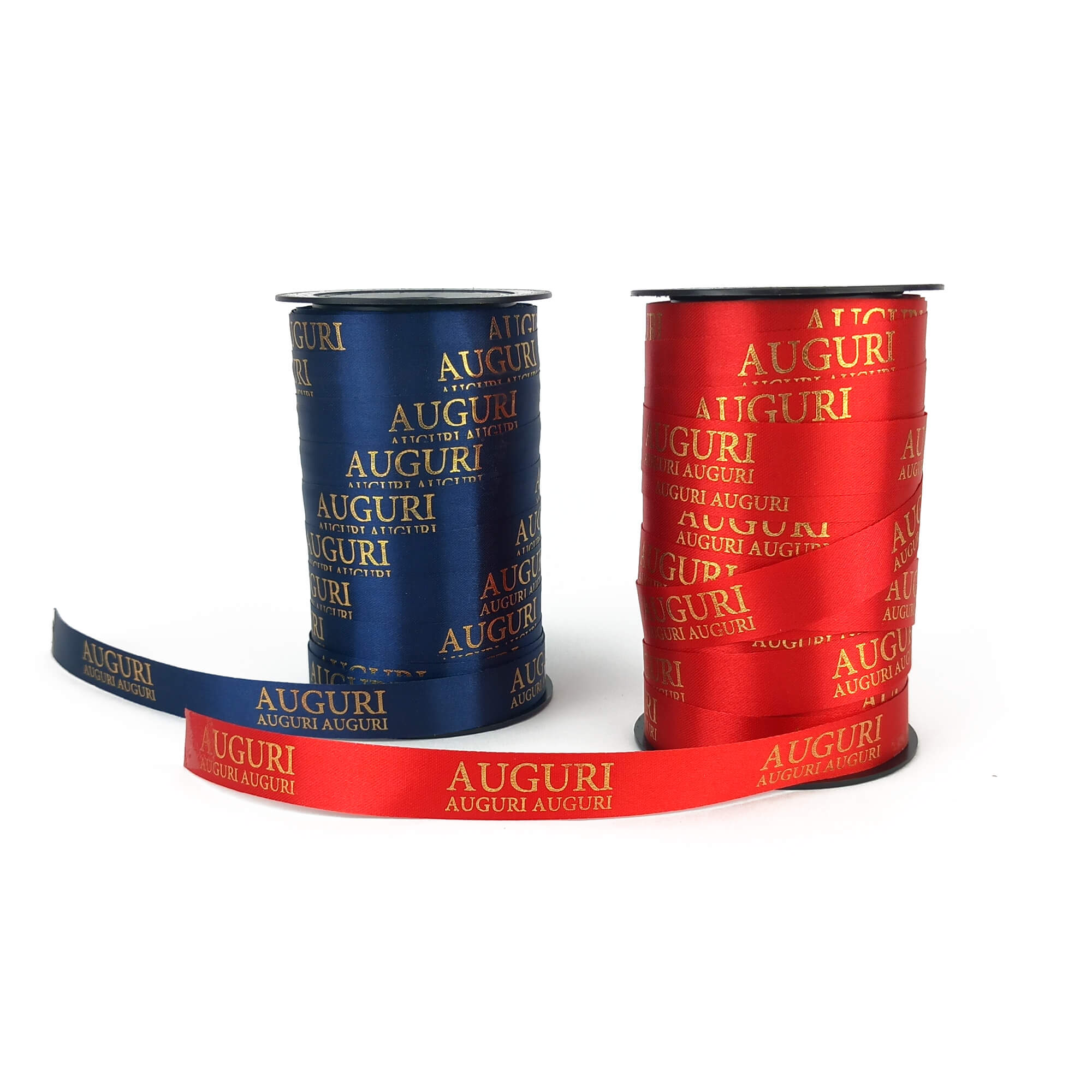 Rocche di nastri, uno blu ed uno rosso con scritta dorata auguri