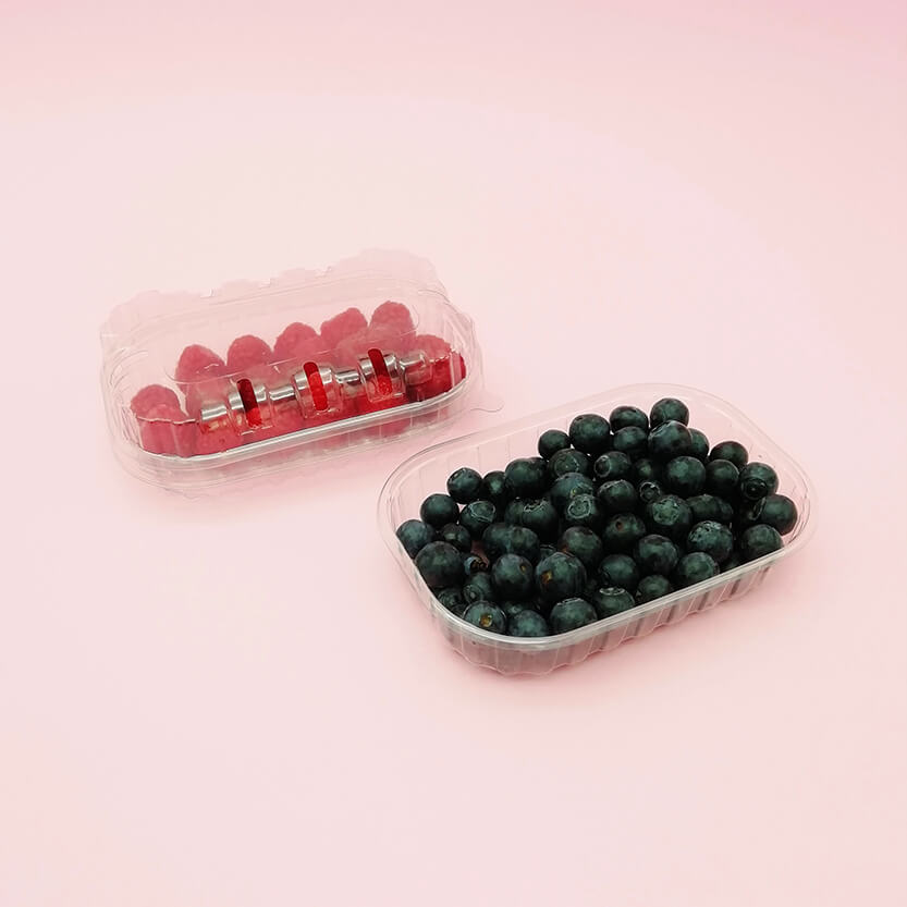 Vaschetta di plastica per mirtilli, piena e una piena di lamponi 