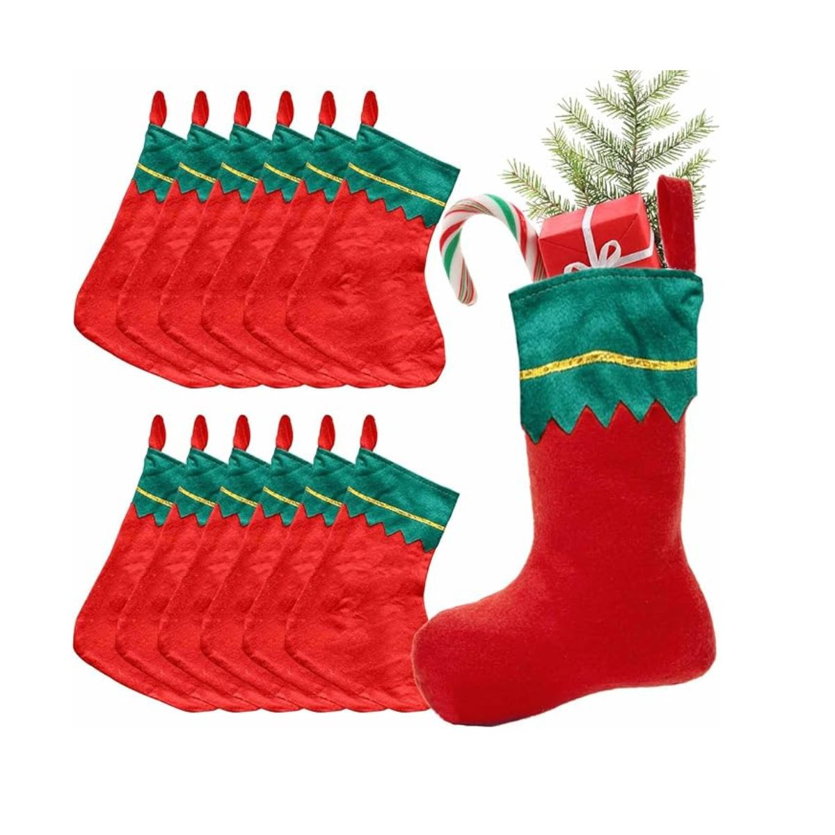 Classica calza della befana rossa mostrata vuota e piena 
