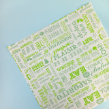 Carta per alimenti antigrasso con stampa parole in diverse tonalità di verde