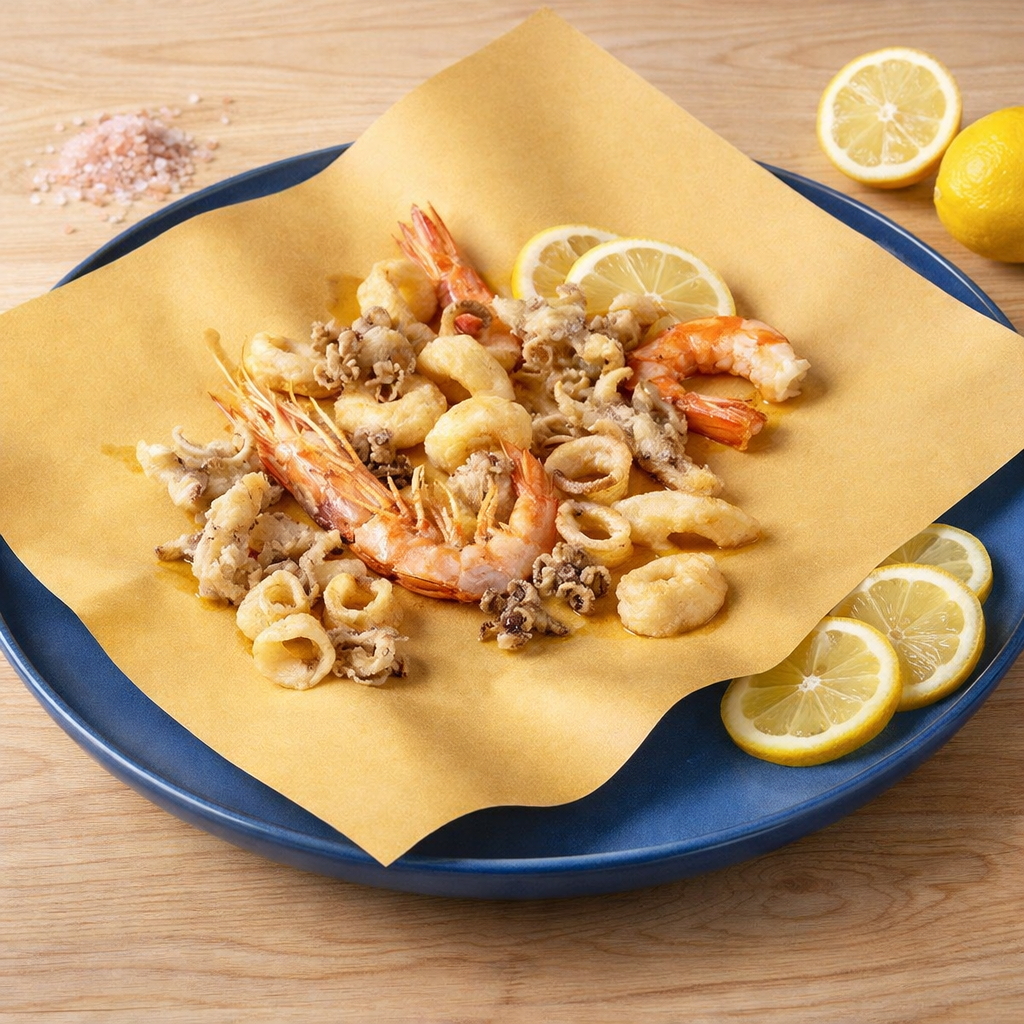 Piatto con carta paglia e frittura di pesce 